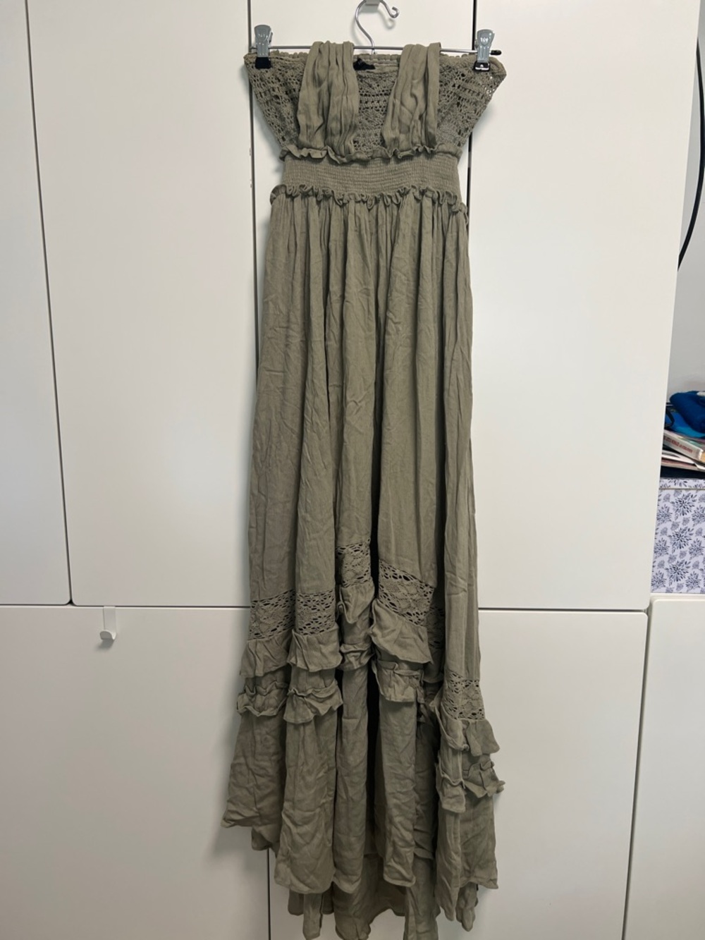 Papermoon Olive Strapless Ruffle Maxi Dress